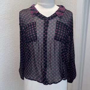 Free People Button Down Sheer Floral Shirt Sz M Black Pink Polyester Boho